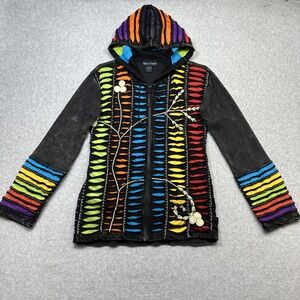 Agan Traders Hoodie Women Small Black Colorful Boho Funky Folk Nepal Full‎ Zip